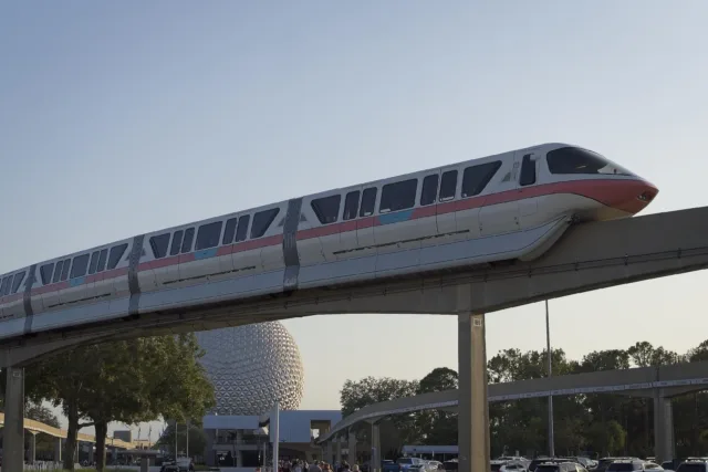 Monorail in front of Spaceship Earth at Epcot