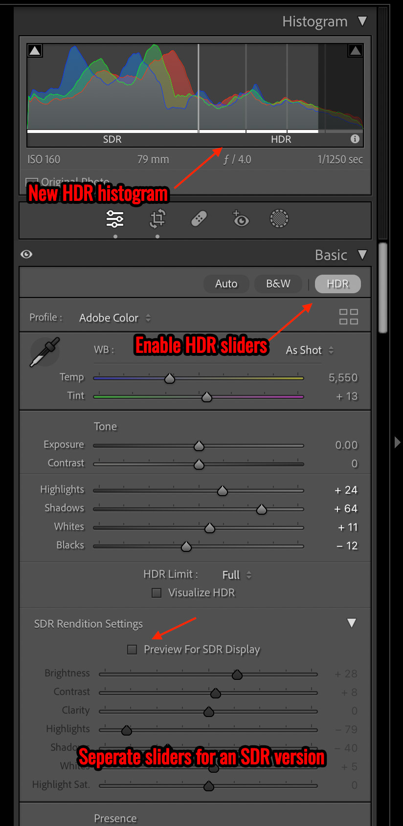 A screenshot of Adobe's new HDR histogram and sliders